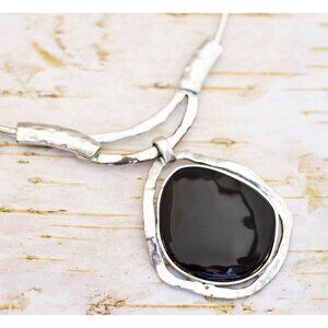 18 inch, Vintage Black Oval Faux Stone Silver Tone Choker Necklace - BJ1